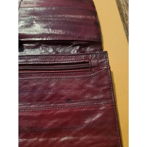Vintage Eel Skin Burgundy Wallet Snap Closure Zip Compartments Card Slots - Picture 9 of 12